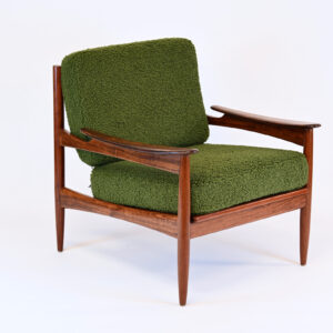 Fauteuil en bois de rose 1960s tissu bouclé vert