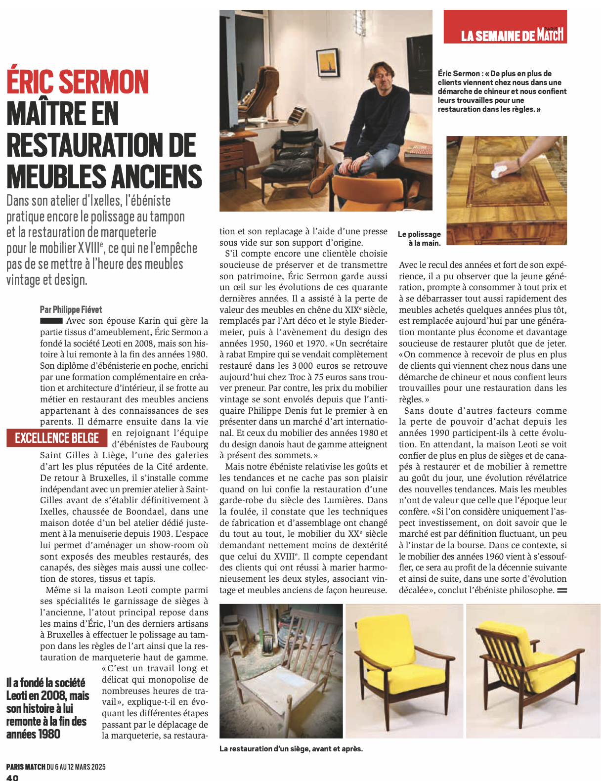 Article Paris Match - Eric Sermon - Maître en restauration de meubles anciens